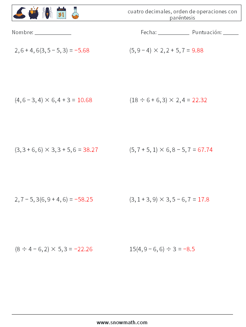 (10) cuatro decimales, orden de operaciones con paréntesis Hojas de trabajo de matemáticas 15 Pregunta, respuesta