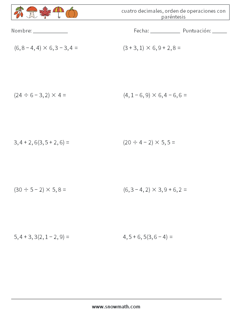 (10) cuatro decimales, orden de operaciones con paréntesis Hojas de trabajo de matemáticas 16