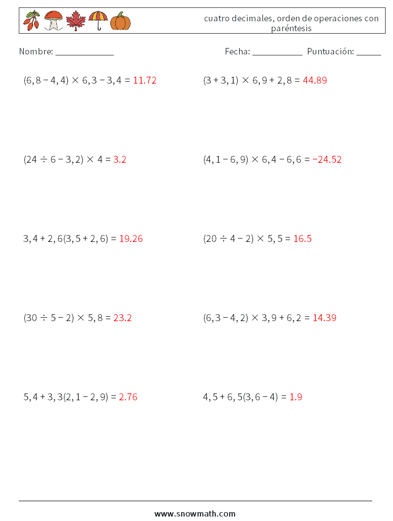 (10) cuatro decimales, orden de operaciones con paréntesis Hojas de trabajo de matemáticas 16 Pregunta, respuesta