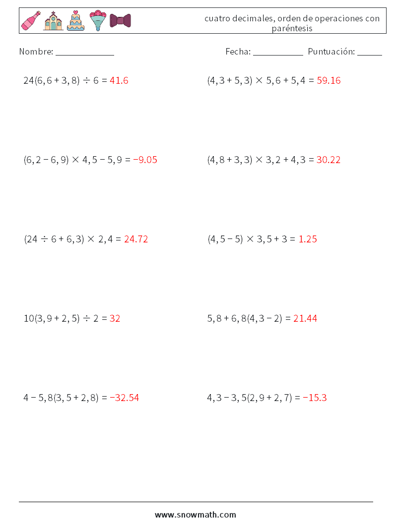 (10) cuatro decimales, orden de operaciones con paréntesis Hojas de trabajo de matemáticas 17 Pregunta, respuesta