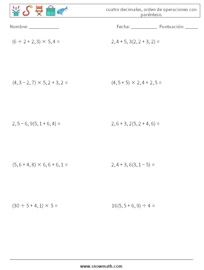 (10) cuatro decimales, orden de operaciones con paréntesis Hojas de trabajo de matemáticas 18