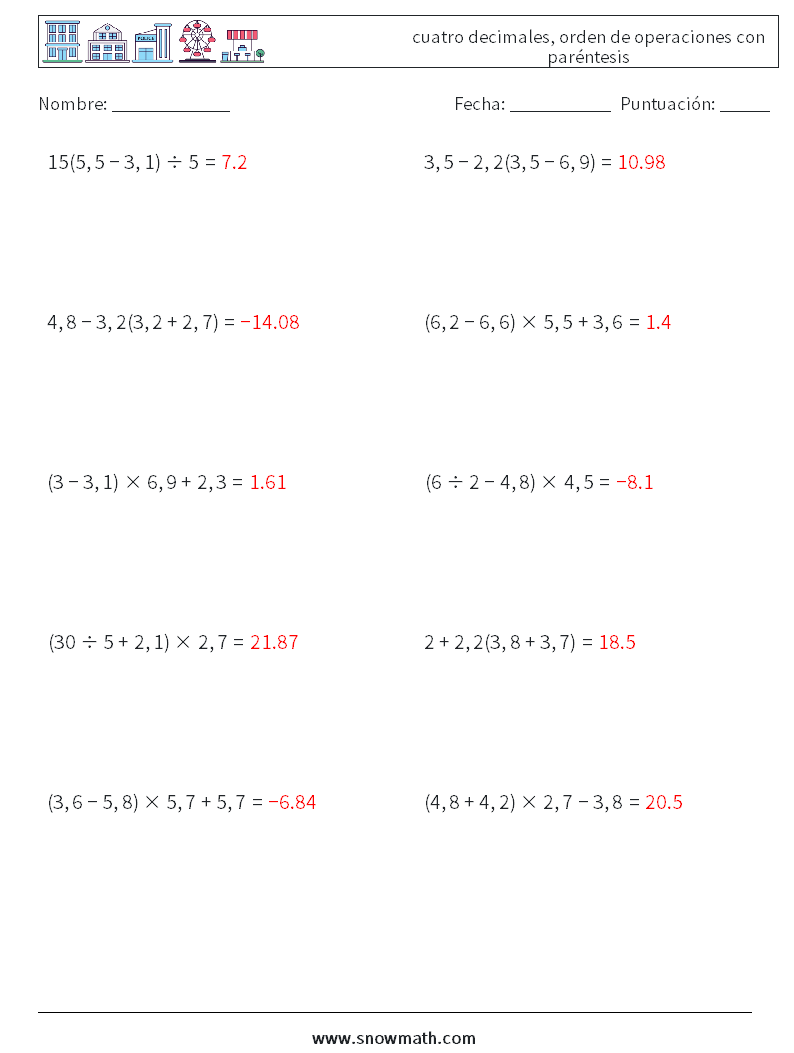 (10) cuatro decimales, orden de operaciones con paréntesis Hojas de trabajo de matemáticas 1 Pregunta, respuesta