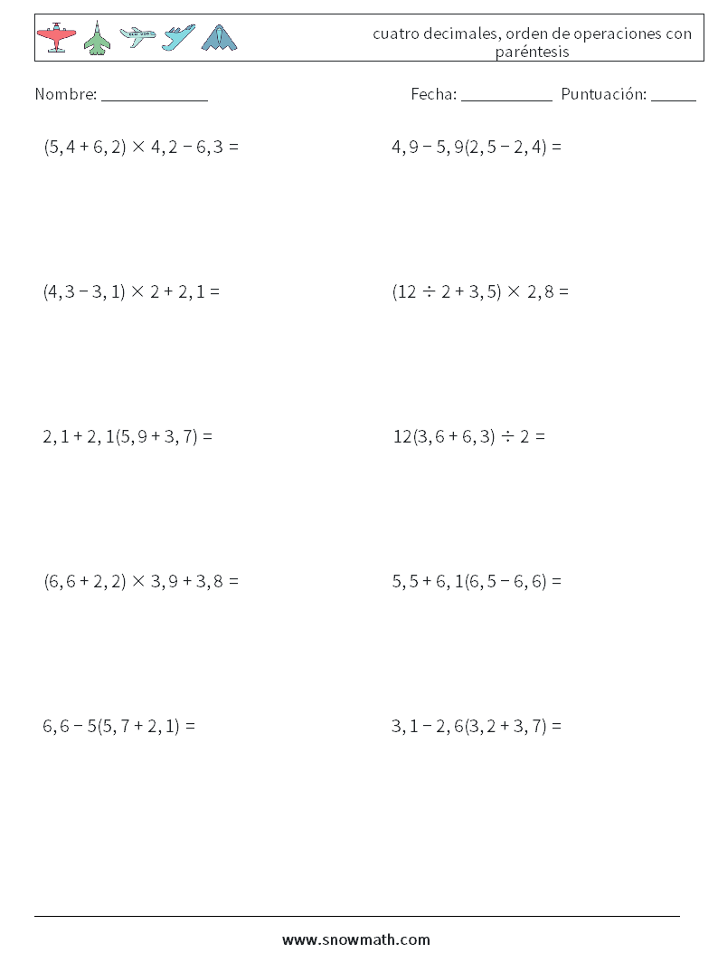 (10) cuatro decimales, orden de operaciones con paréntesis Hojas de trabajo de matemáticas 2