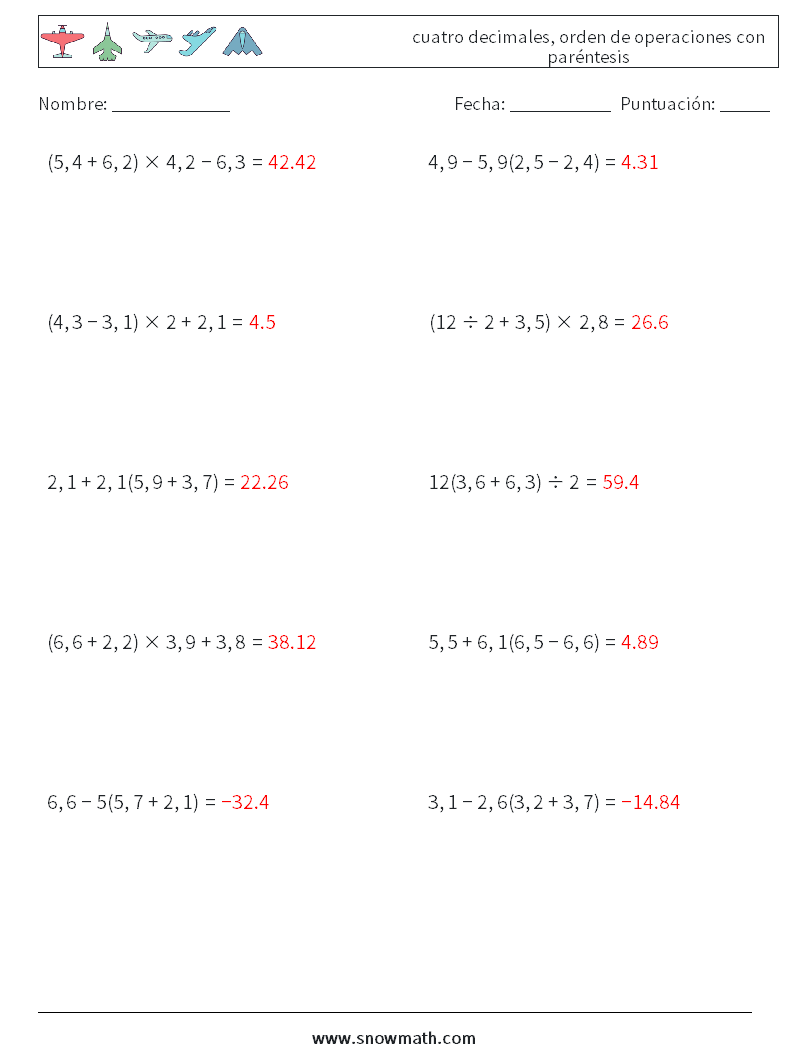 (10) cuatro decimales, orden de operaciones con paréntesis Hojas de trabajo de matemáticas 2 Pregunta, respuesta