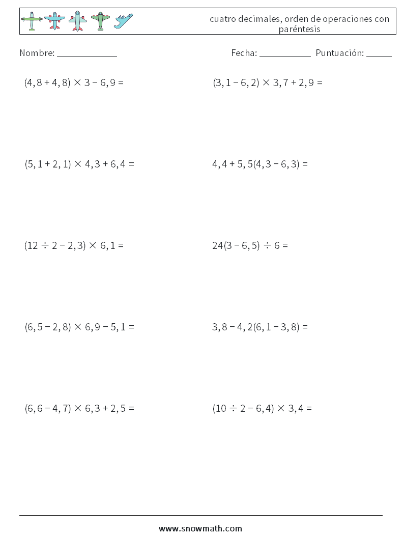 (10) cuatro decimales, orden de operaciones con paréntesis Hojas de trabajo de matemáticas 6