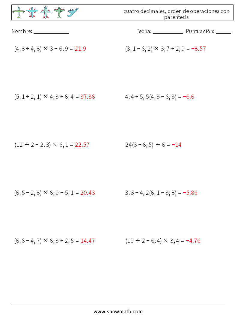 (10) cuatro decimales, orden de operaciones con paréntesis Hojas de trabajo de matemáticas 6 Pregunta, respuesta