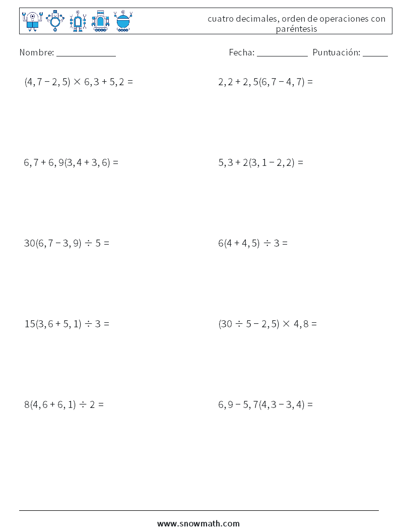 (10) cuatro decimales, orden de operaciones con paréntesis Hojas de trabajo de matemáticas 8