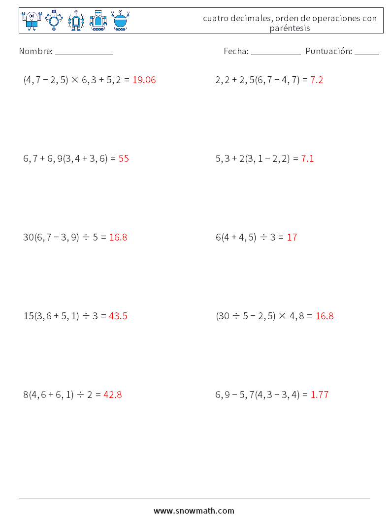 (10) cuatro decimales, orden de operaciones con paréntesis Hojas de trabajo de matemáticas 8 Pregunta, respuesta