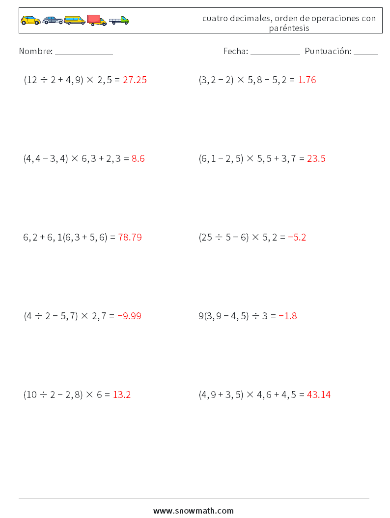 (10) cuatro decimales, orden de operaciones con paréntesis Hojas de trabajo de matemáticas 9 Pregunta, respuesta