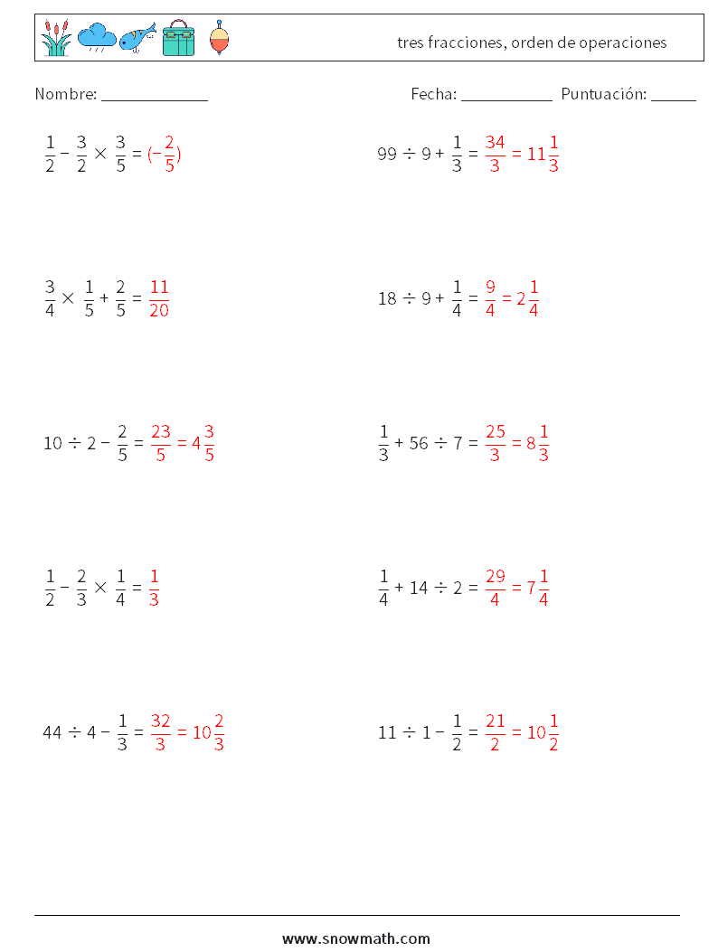 (10) tres fracciones, orden de operaciones Hojas de trabajo de matemáticas 10 Pregunta, respuesta