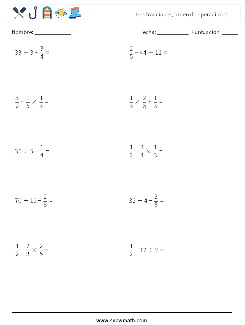 (10) tres fracciones, orden de operaciones Hojas de trabajo de matemáticas 11