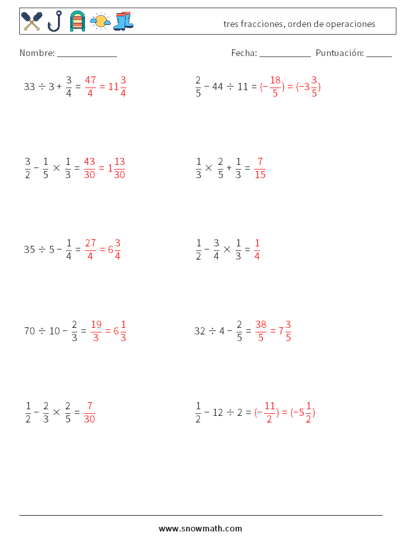 (10) tres fracciones, orden de operaciones Hojas de trabajo de matemáticas 11 Pregunta, respuesta