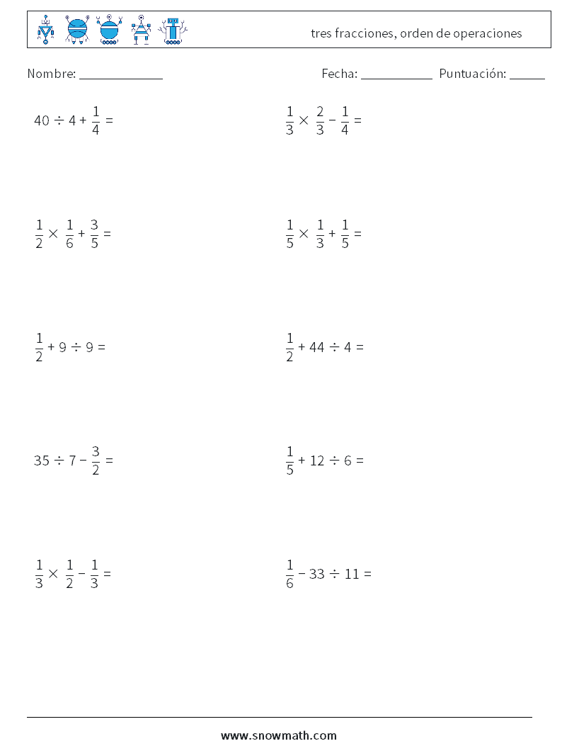 (10) tres fracciones, orden de operaciones Hojas de trabajo de matemáticas 12
