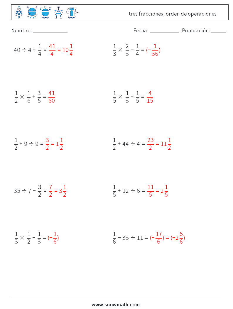 (10) tres fracciones, orden de operaciones Hojas de trabajo de matemáticas 12 Pregunta, respuesta