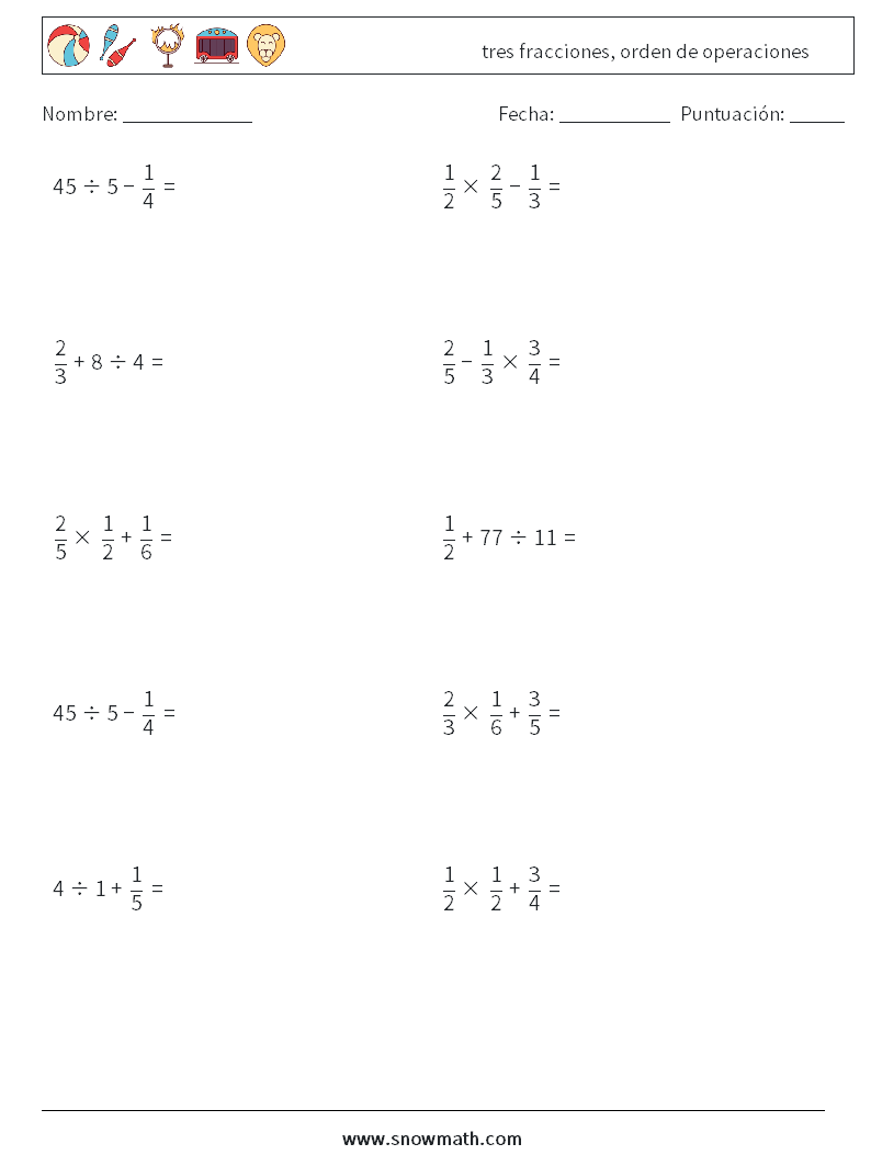 (10) tres fracciones, orden de operaciones Hojas de trabajo de matemáticas 13