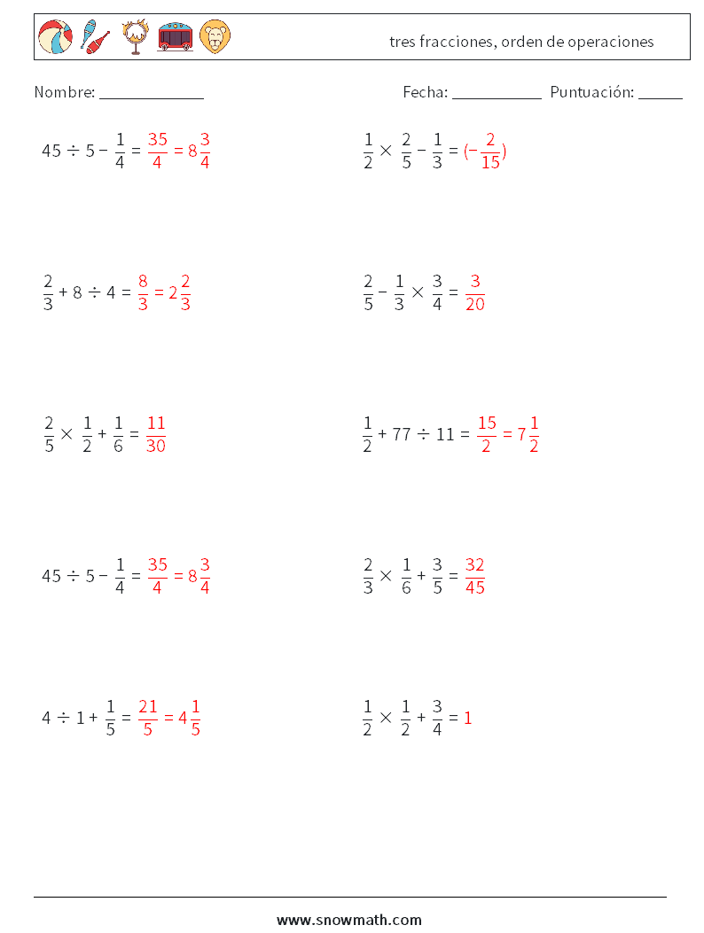 (10) tres fracciones, orden de operaciones Hojas de trabajo de matemáticas 13 Pregunta, respuesta