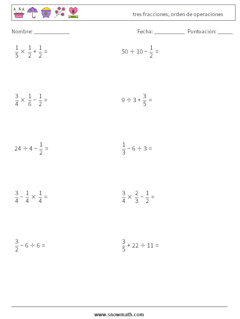 (10) tres fracciones, orden de operaciones Hojas de trabajo de matemáticas 14