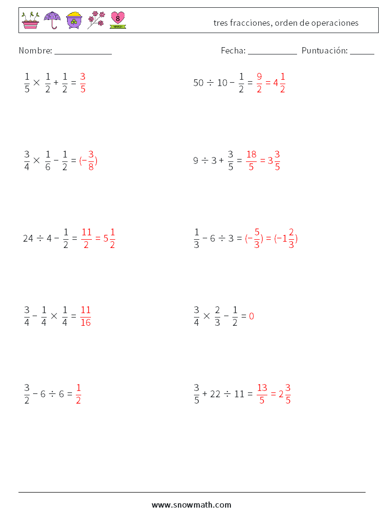 (10) tres fracciones, orden de operaciones Hojas de trabajo de matemáticas 14 Pregunta, respuesta