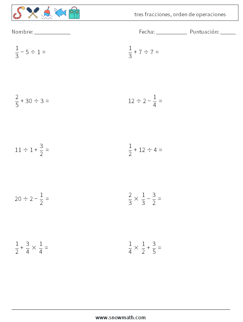 (10) tres fracciones, orden de operaciones Hojas de trabajo de matemáticas 15