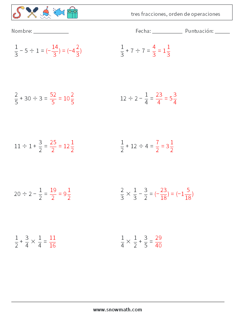 (10) tres fracciones, orden de operaciones Hojas de trabajo de matemáticas 15 Pregunta, respuesta