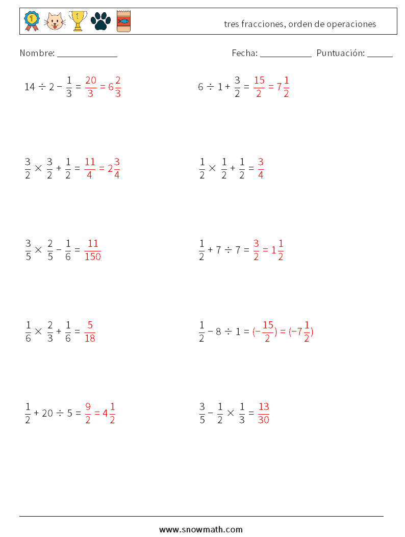 (10) tres fracciones, orden de operaciones Hojas de trabajo de matemáticas 16 Pregunta, respuesta