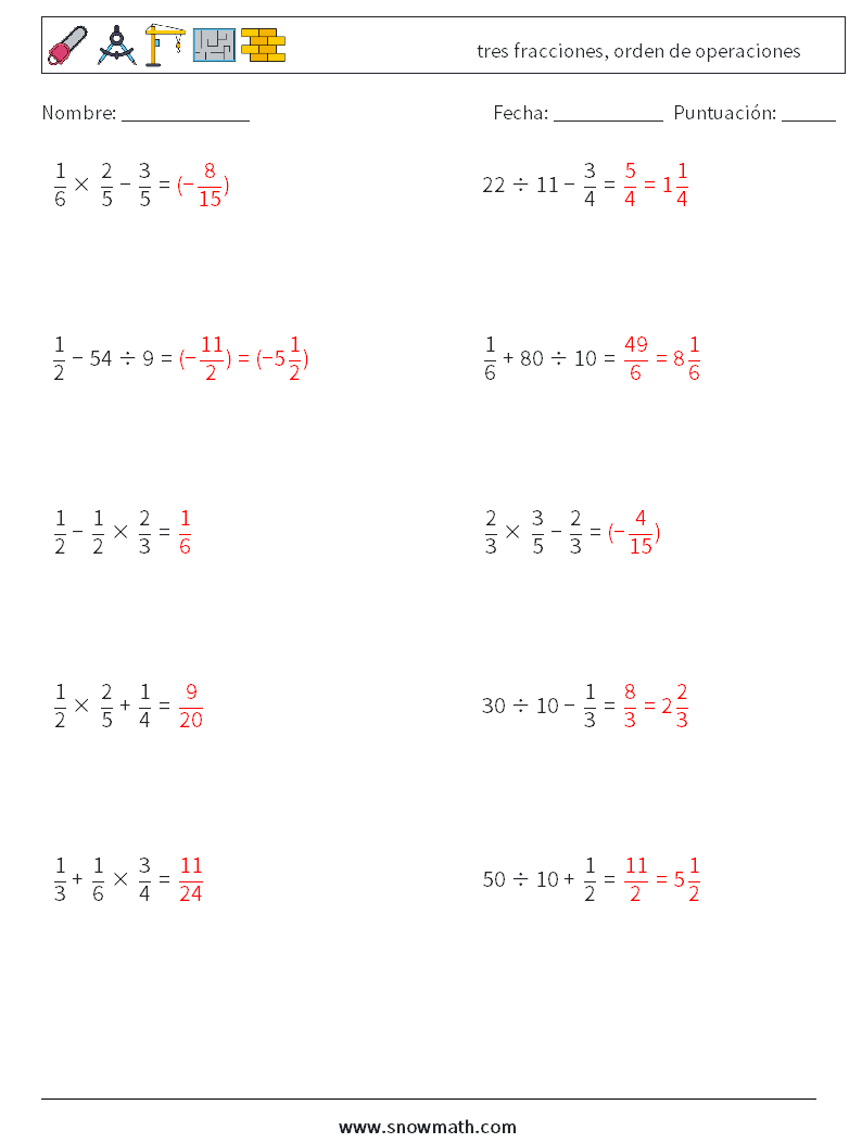 (10) tres fracciones, orden de operaciones Hojas de trabajo de matemáticas 17 Pregunta, respuesta