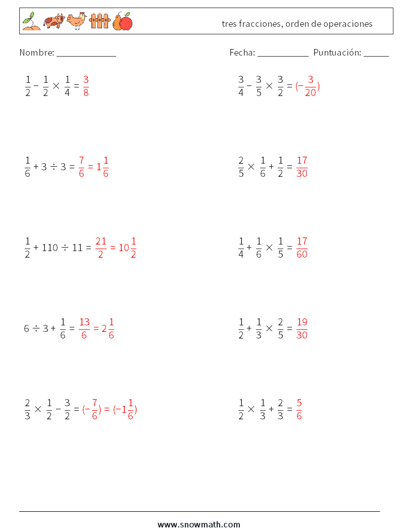 (10) tres fracciones, orden de operaciones Hojas de trabajo de matemáticas 18 Pregunta, respuesta