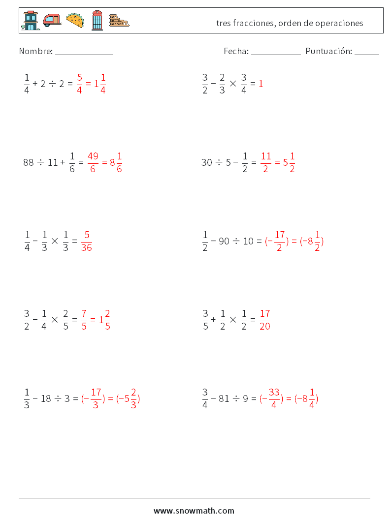 (10) tres fracciones, orden de operaciones Hojas de trabajo de matemáticas 1 Pregunta, respuesta
