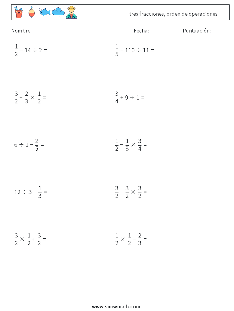 (10) tres fracciones, orden de operaciones Hojas de trabajo de matemáticas 2