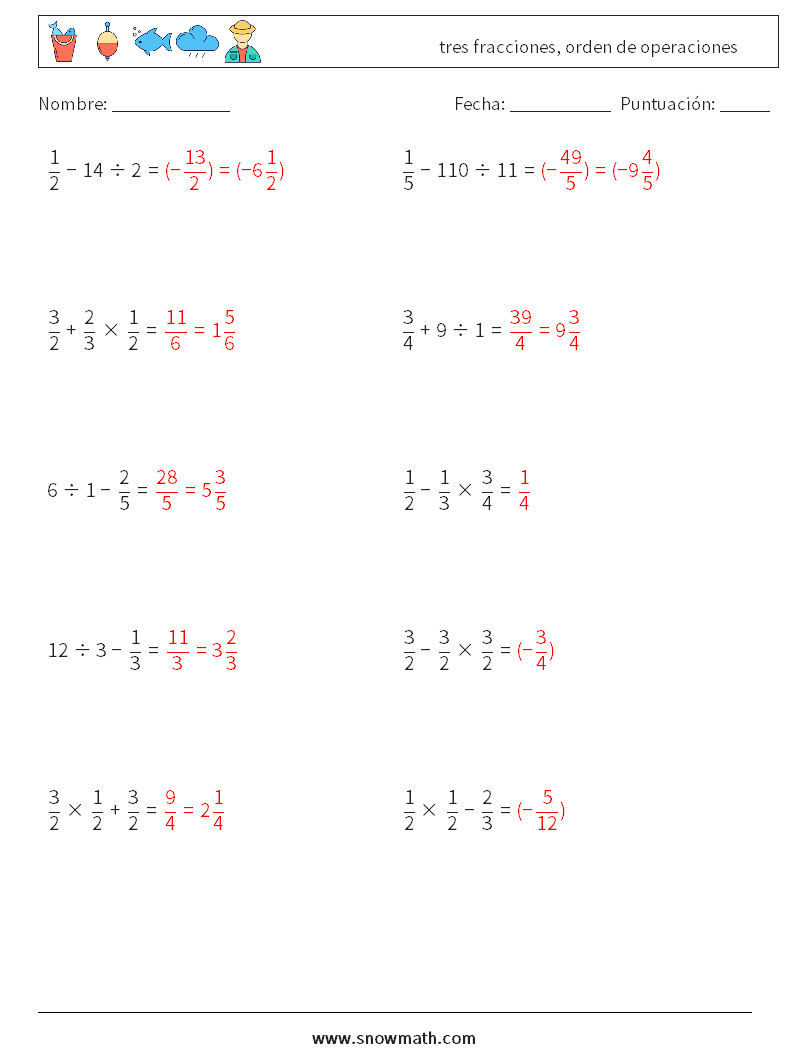 (10) tres fracciones, orden de operaciones Hojas de trabajo de matemáticas 2 Pregunta, respuesta