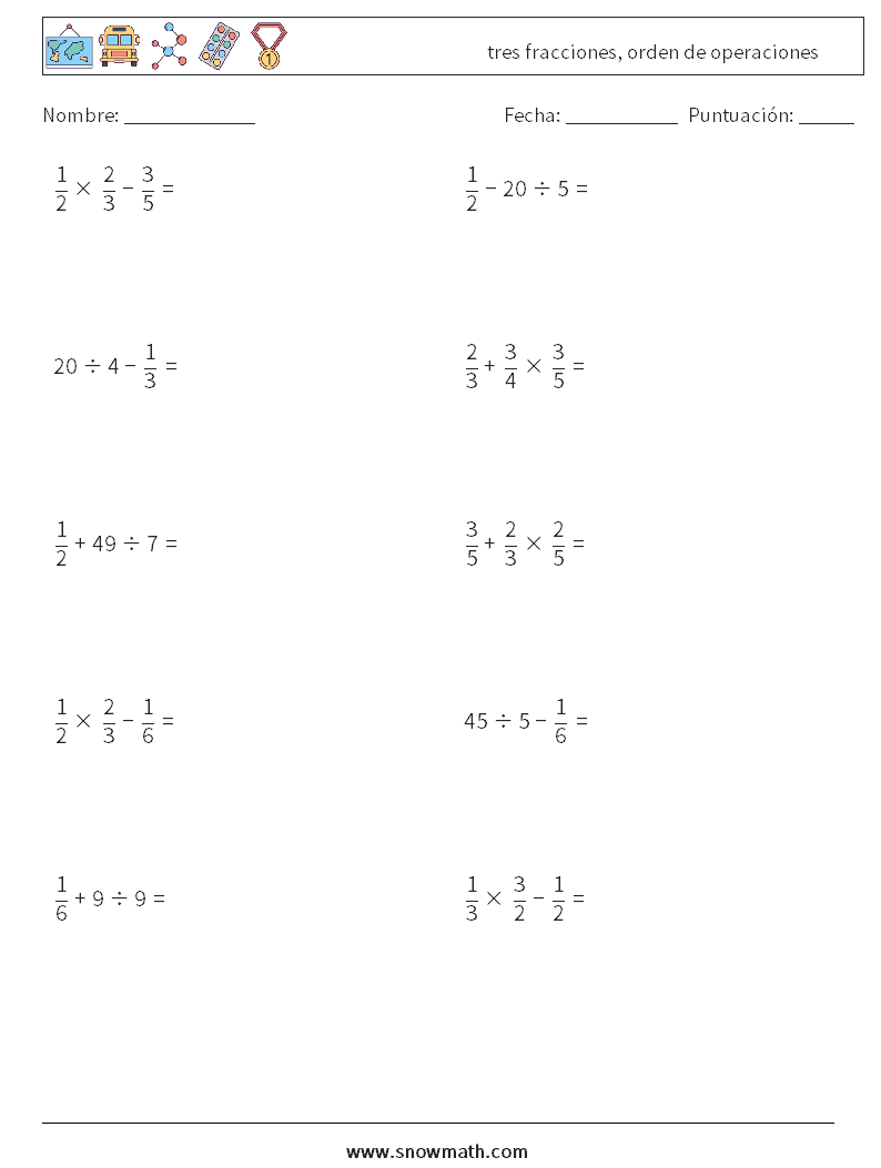 (10) tres fracciones, orden de operaciones Hojas de trabajo de matemáticas 3