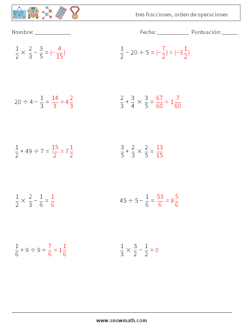 (10) tres fracciones, orden de operaciones Hojas de trabajo de matemáticas 3 Pregunta, respuesta