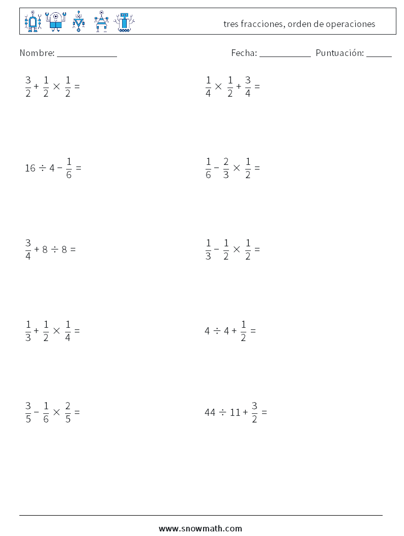 (10) tres fracciones, orden de operaciones Hojas de trabajo de matemáticas 4