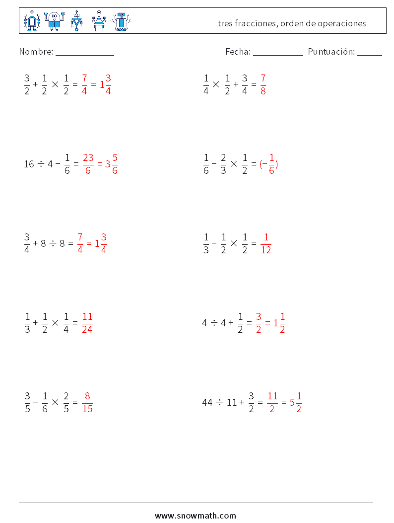 (10) tres fracciones, orden de operaciones Hojas de trabajo de matemáticas 4 Pregunta, respuesta
