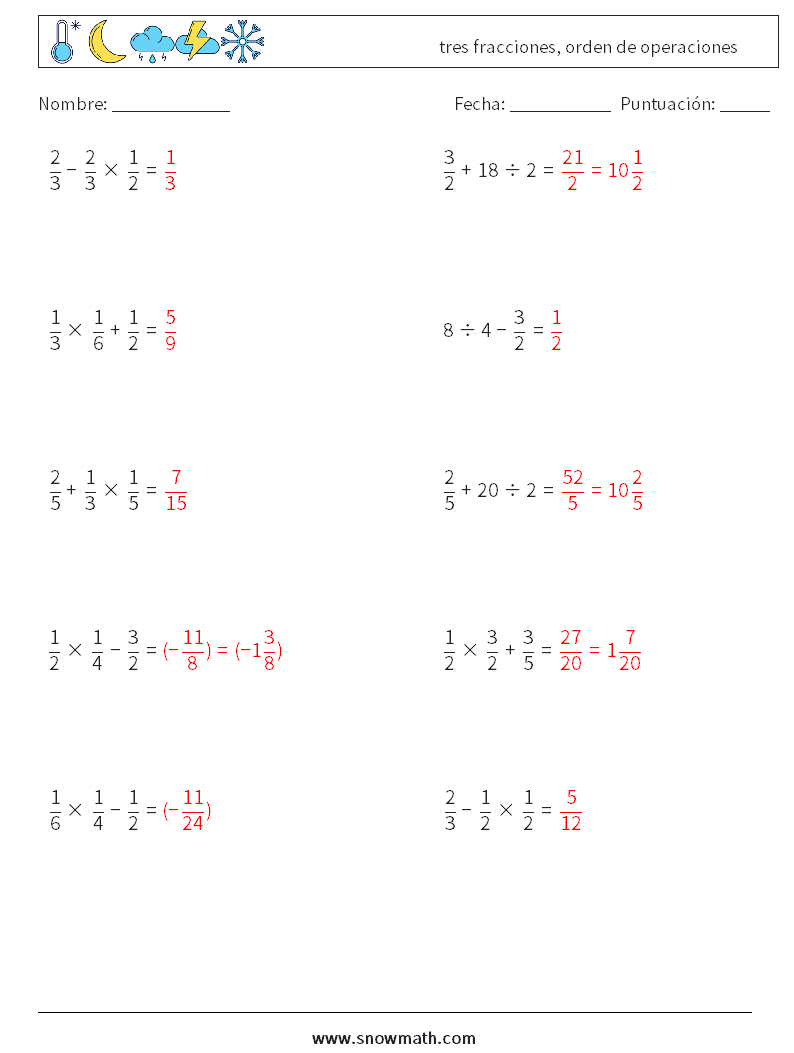 (10) tres fracciones, orden de operaciones Hojas de trabajo de matemáticas 5 Pregunta, respuesta