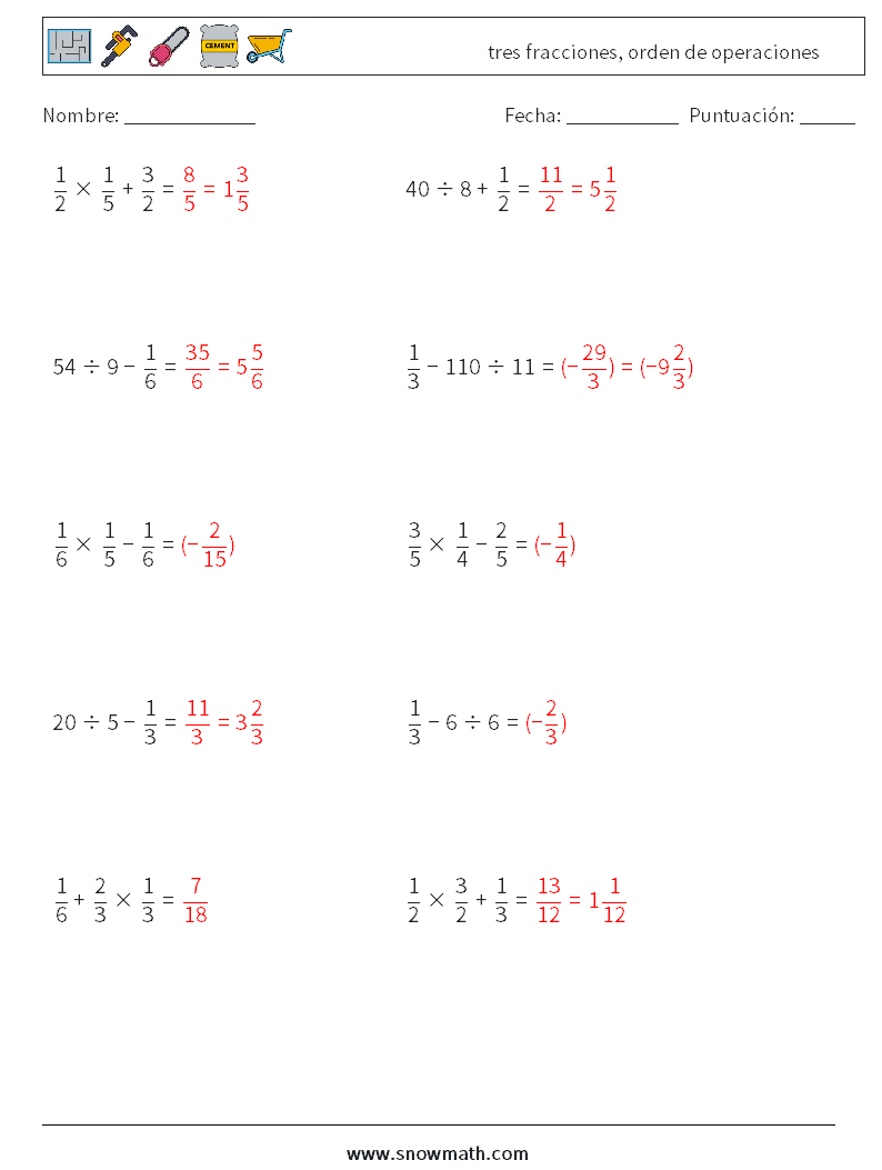 (10) tres fracciones, orden de operaciones Hojas de trabajo de matemáticas 6 Pregunta, respuesta