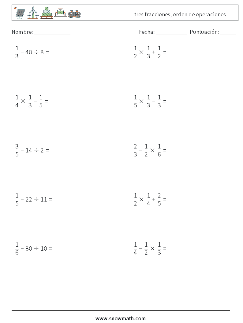 (10) tres fracciones, orden de operaciones Hojas de trabajo de matemáticas 7