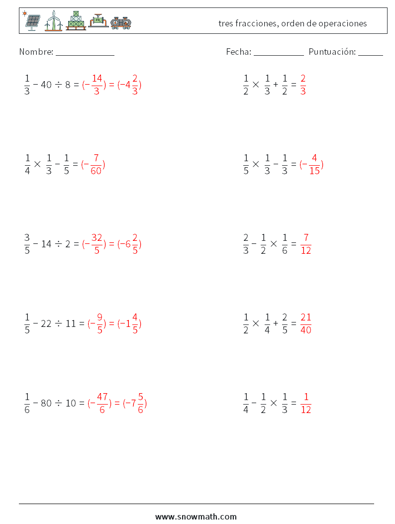 (10) tres fracciones, orden de operaciones Hojas de trabajo de matemáticas 7 Pregunta, respuesta