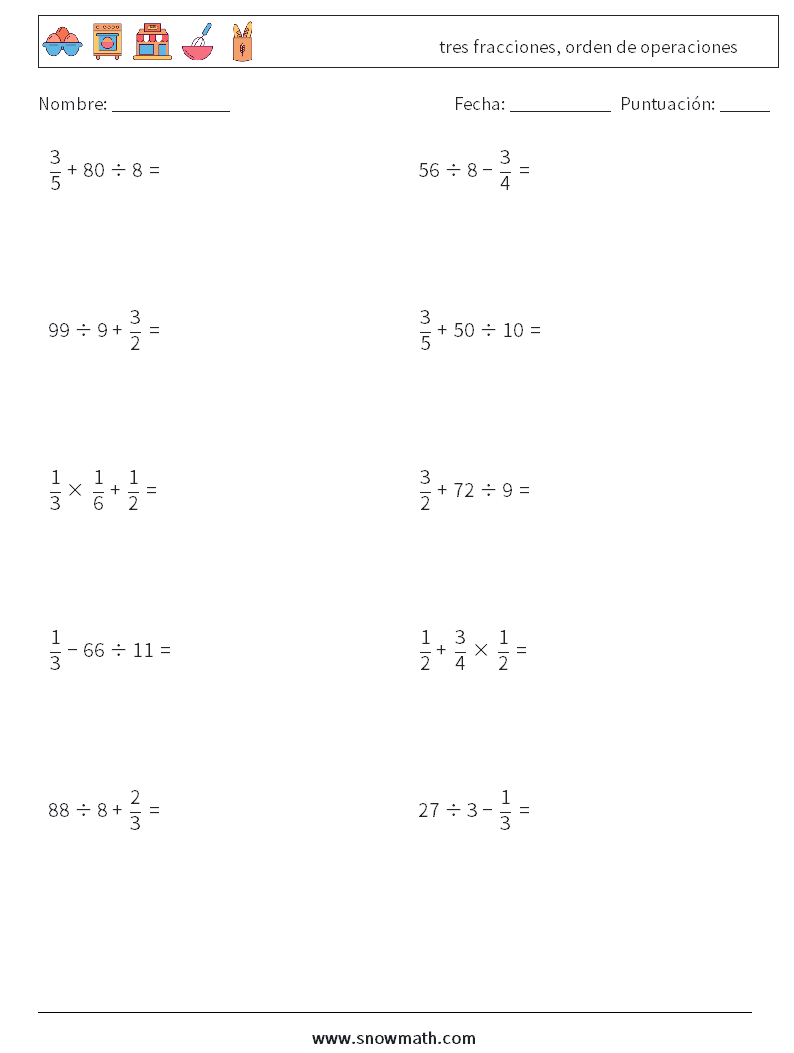 (10) tres fracciones, orden de operaciones Hojas de trabajo de matemáticas 8