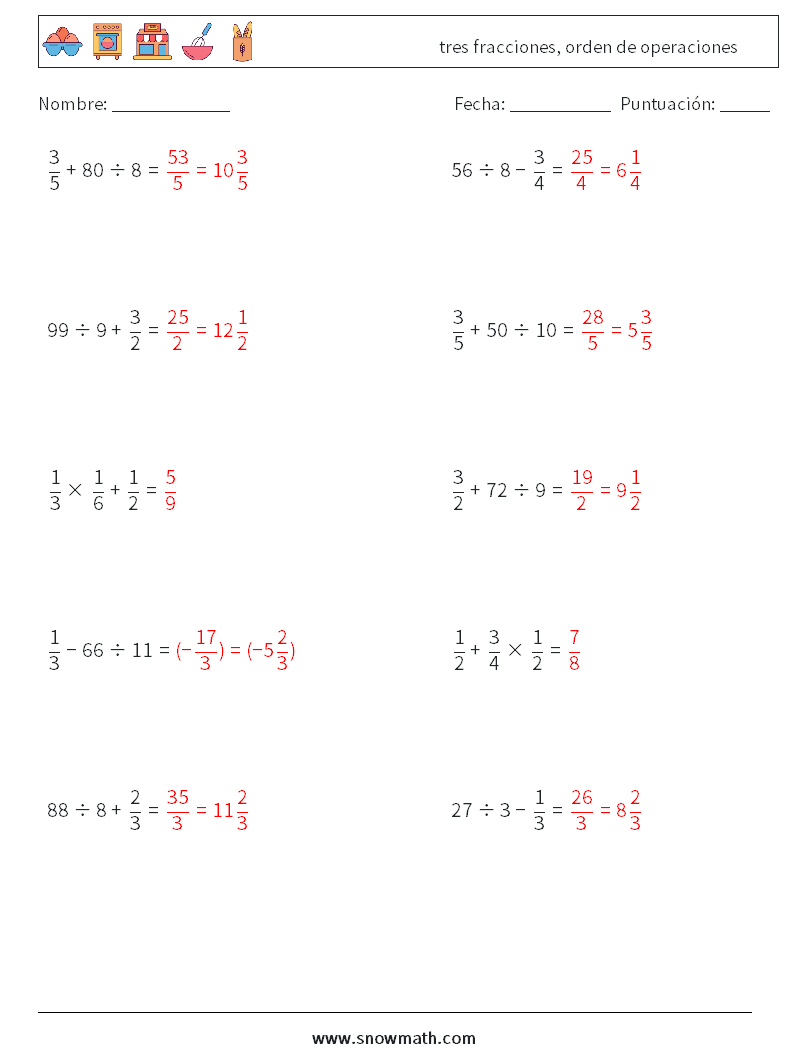(10) tres fracciones, orden de operaciones Hojas de trabajo de matemáticas 8 Pregunta, respuesta