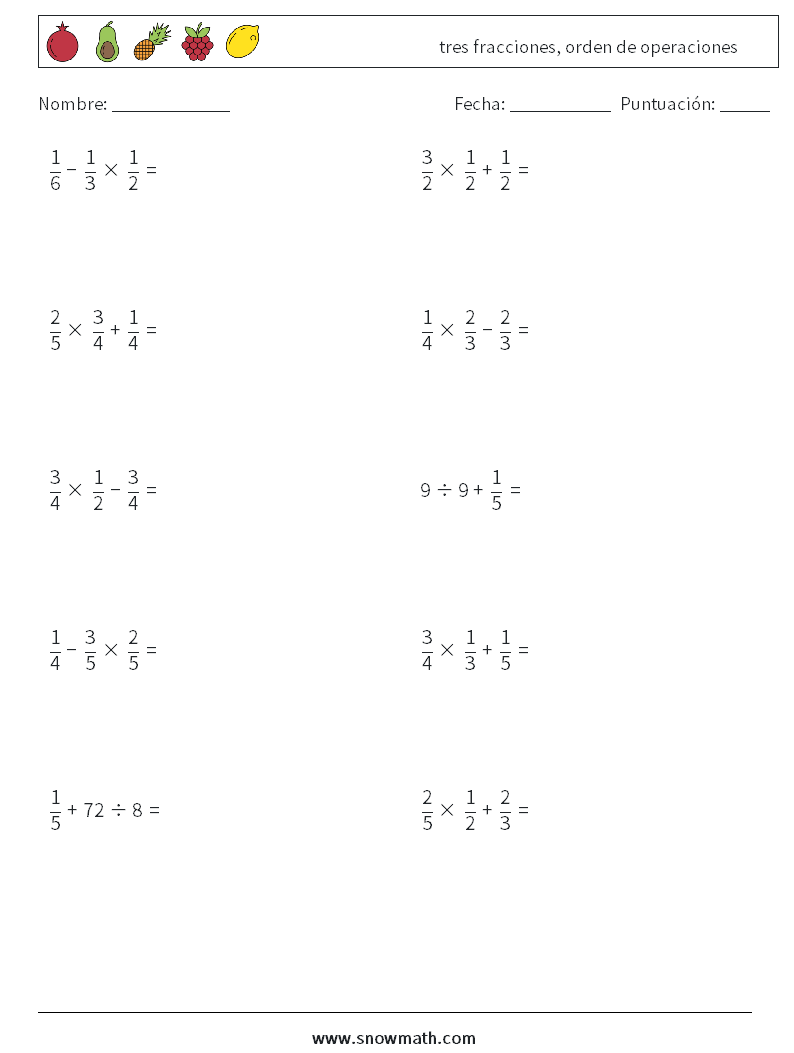 (10) tres fracciones, orden de operaciones Hojas de trabajo de matemáticas 9