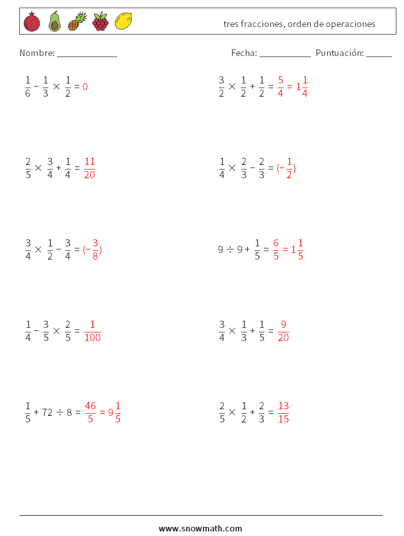 (10) tres fracciones, orden de operaciones Hojas de trabajo de matemáticas 9 Pregunta, respuesta