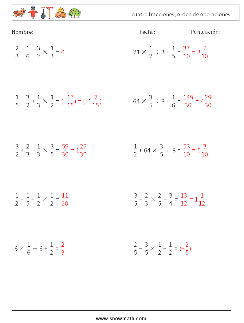 (10) cuatro fracciones, orden de operaciones Hojas de trabajo de matemáticas 10 Pregunta, respuesta