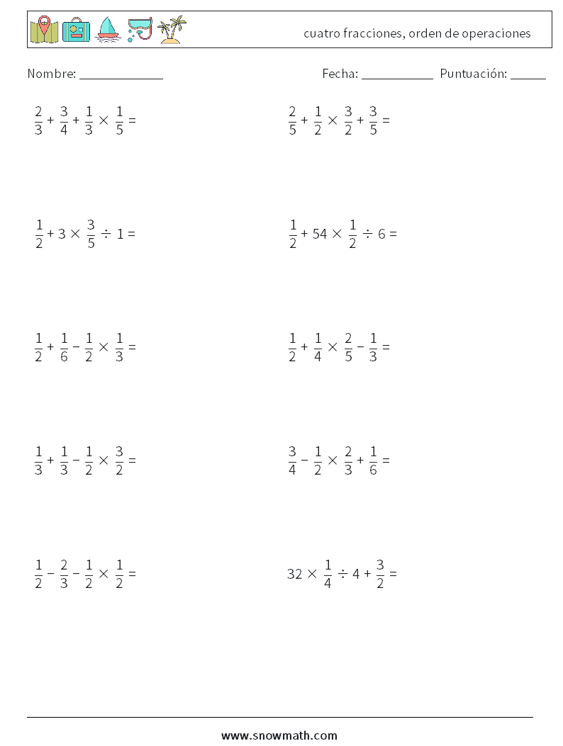 (10) cuatro fracciones, orden de operaciones Hojas de trabajo de matemáticas 11