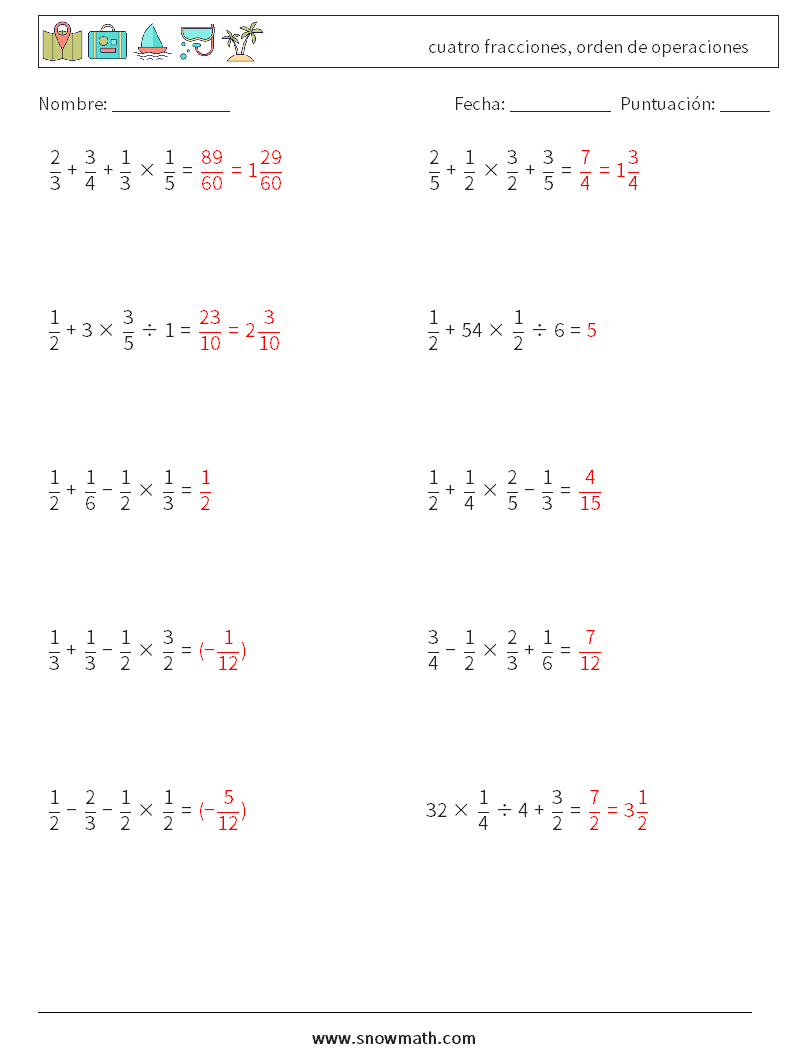 (10) cuatro fracciones, orden de operaciones Hojas de trabajo de matemáticas 11 Pregunta, respuesta