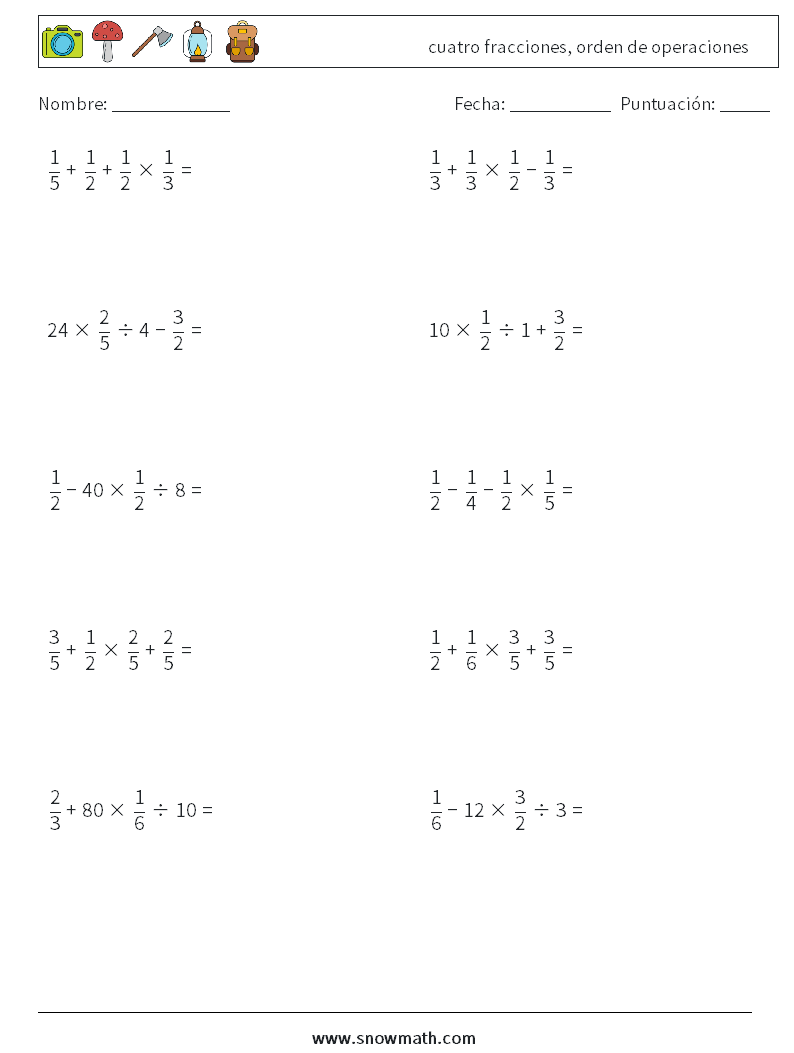 (10) cuatro fracciones, orden de operaciones Hojas de trabajo de matemáticas 12