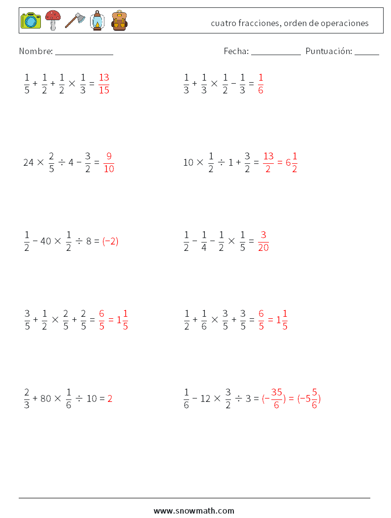 (10) cuatro fracciones, orden de operaciones Hojas de trabajo de matemáticas 12 Pregunta, respuesta