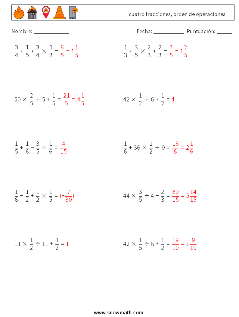 (10) cuatro fracciones, orden de operaciones Hojas de trabajo de matemáticas 13 Pregunta, respuesta