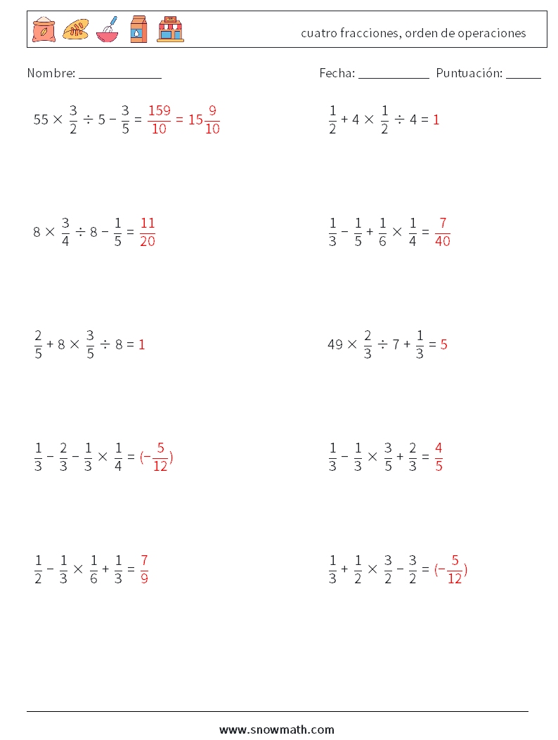 (10) cuatro fracciones, orden de operaciones Hojas de trabajo de matemáticas 14 Pregunta, respuesta