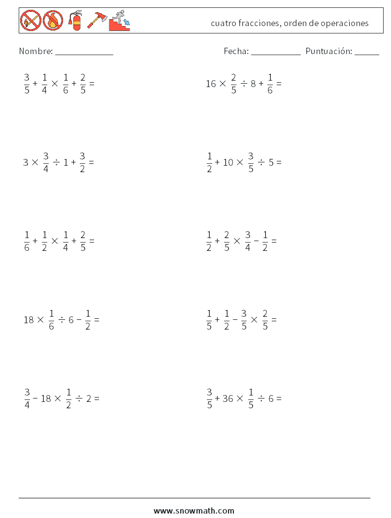 (10) cuatro fracciones, orden de operaciones Hojas de trabajo de matemáticas 15